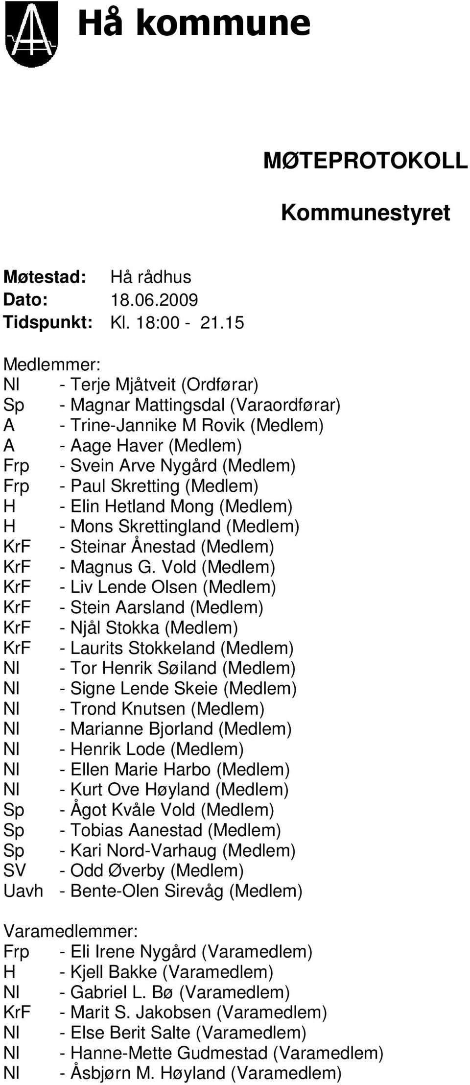 (Medlem) H - Elin Hetland Mong (Medlem) H - Mons Skrettingland (Medlem) KrF - Steinar Ånestad (Medlem) KrF - Magnus G.
