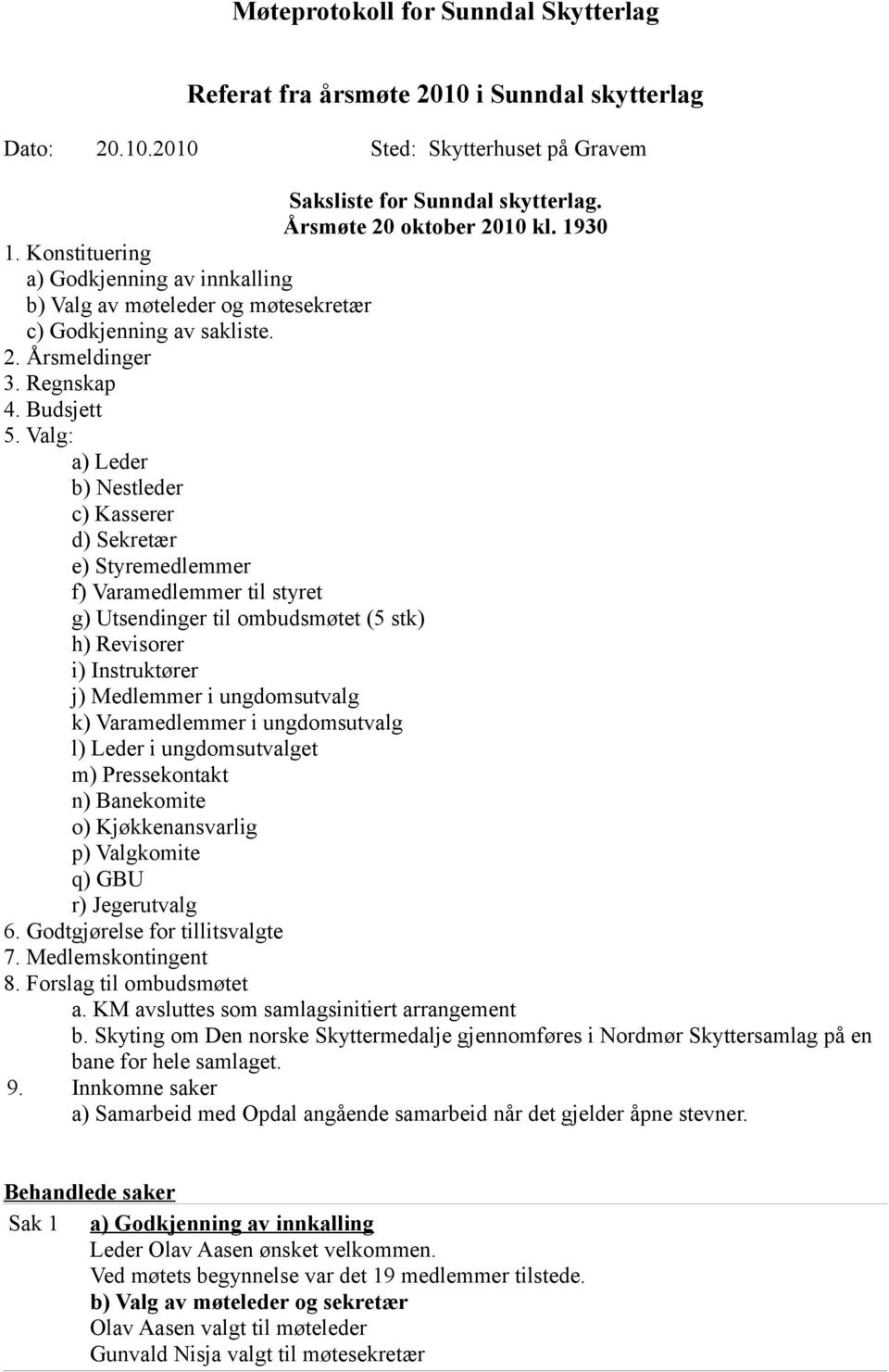 Valg: a) Leder b) Nestleder c) Kasserer d) Sekretær e) Styremedlemmer f) Varamedlemmer til styret g) Utsendinger til ombudsmøtet (5 stk) h) Revisorer i) Instruktører j) Medlemmer i ungdomsutvalg k)