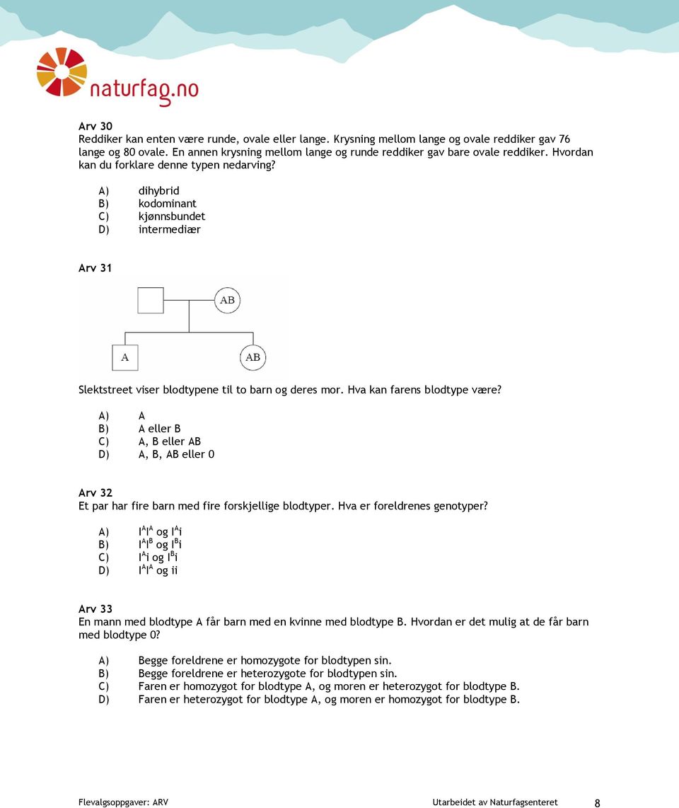 A) A B) A eller B C) A, B eller AB D) A, B, AB eller 0 Arv 32 Et par har fire barn med fire forskjellige blodtyper. Hva er foreldrenes genotyper?