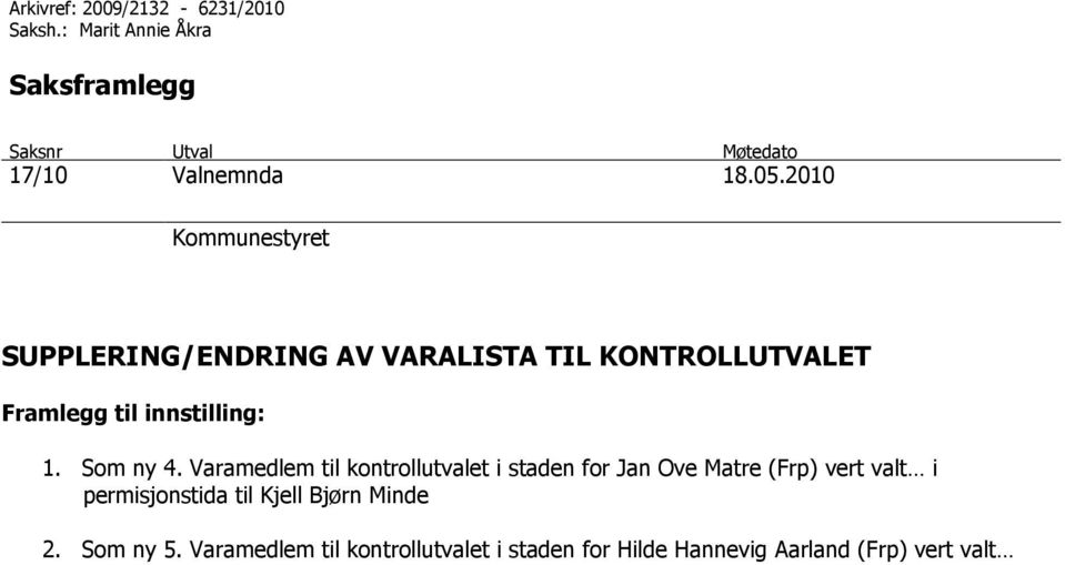 2010 Kommunestyret SUPPLERING/ENDRING AV VARALISTA TIL KONTROLLUTVALET Framlegg til innstilling: 1.