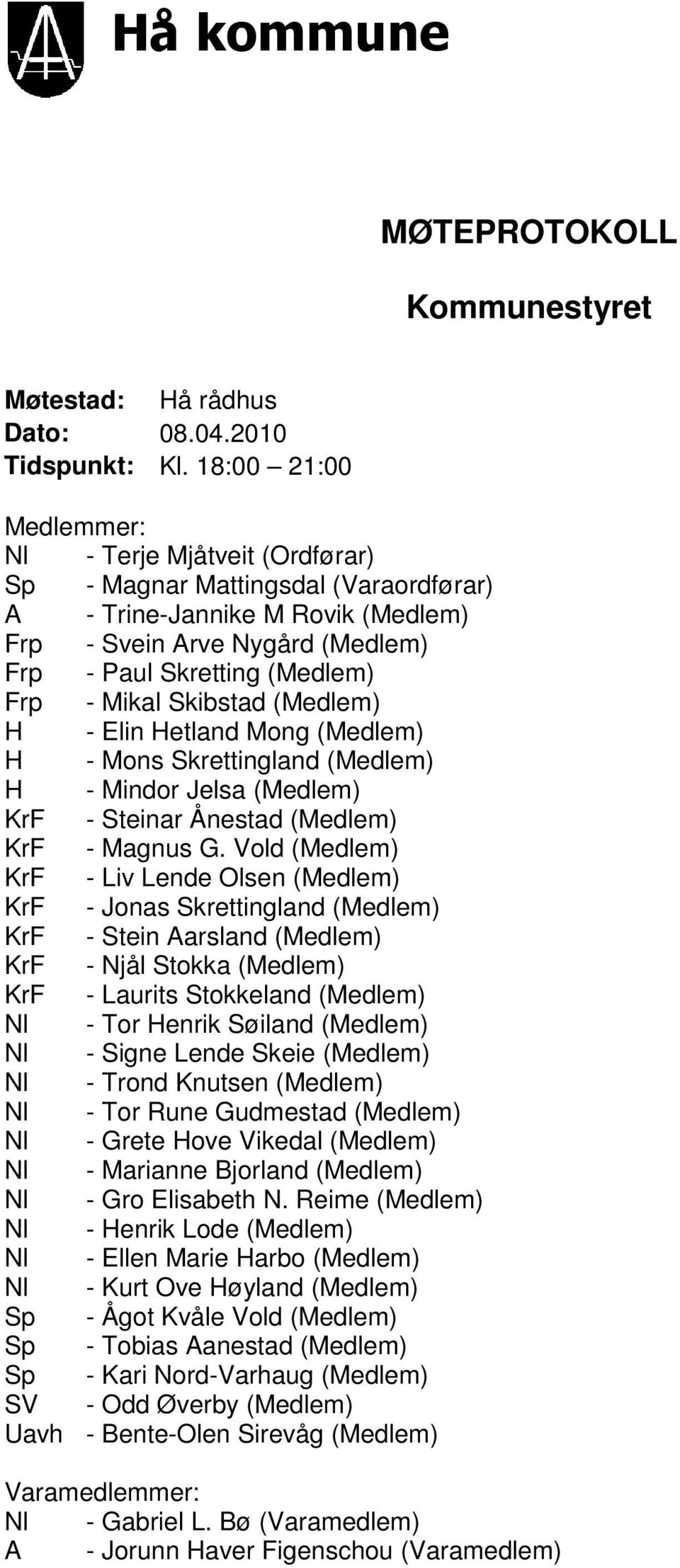 Mikal Skibstad (Medlem) H - Elin Hetland Mong (Medlem) H - Mons Skrettingland (Medlem) H - Mindor Jelsa (Medlem) KrF - Steinar Ånestad (Medlem) KrF - Magnus G.