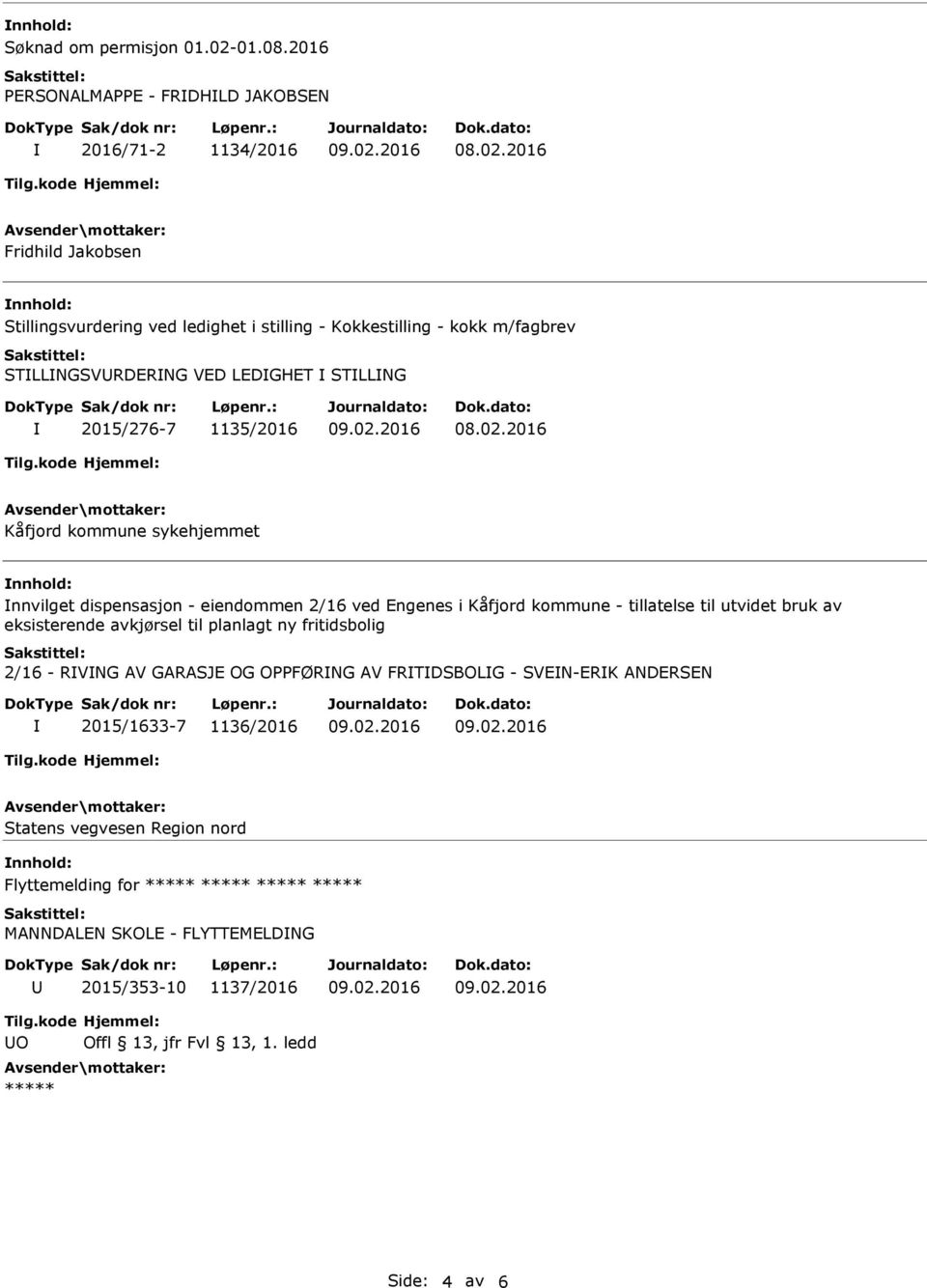 LEDGHET STLLNG 2015/276-7 1135/2016 Kåfjord kommune sykehjemmet nnvilget dispensasjon - eiendommen 2/16 ved Engenes i Kåfjord kommune - tillatelse til utvidet bruk av