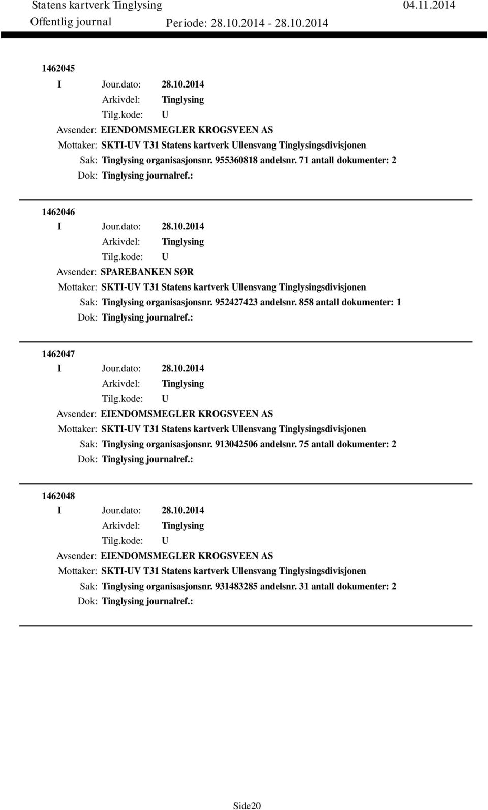 858 antall dokumenter: 1 Dok: journalref.: 1462047 Avsender: EIENDOMSMEGLER KROGSVEEN AS Mottaker: SKTI-V T31 Statens kartverk llensvang sdivisjonen Sak: organisasjonsnr. 913042506 andelsnr.