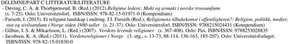 : Religion, politikk, medier, stat og sivilsamfunn i Norge siden 1980-tallet (s. 21-37). Oslo: Universitetsforl. ISBN/ISSN: 9788215024431 (Kompendium) - Gilhus, I. S. & Mikaelsson, L. (Red.