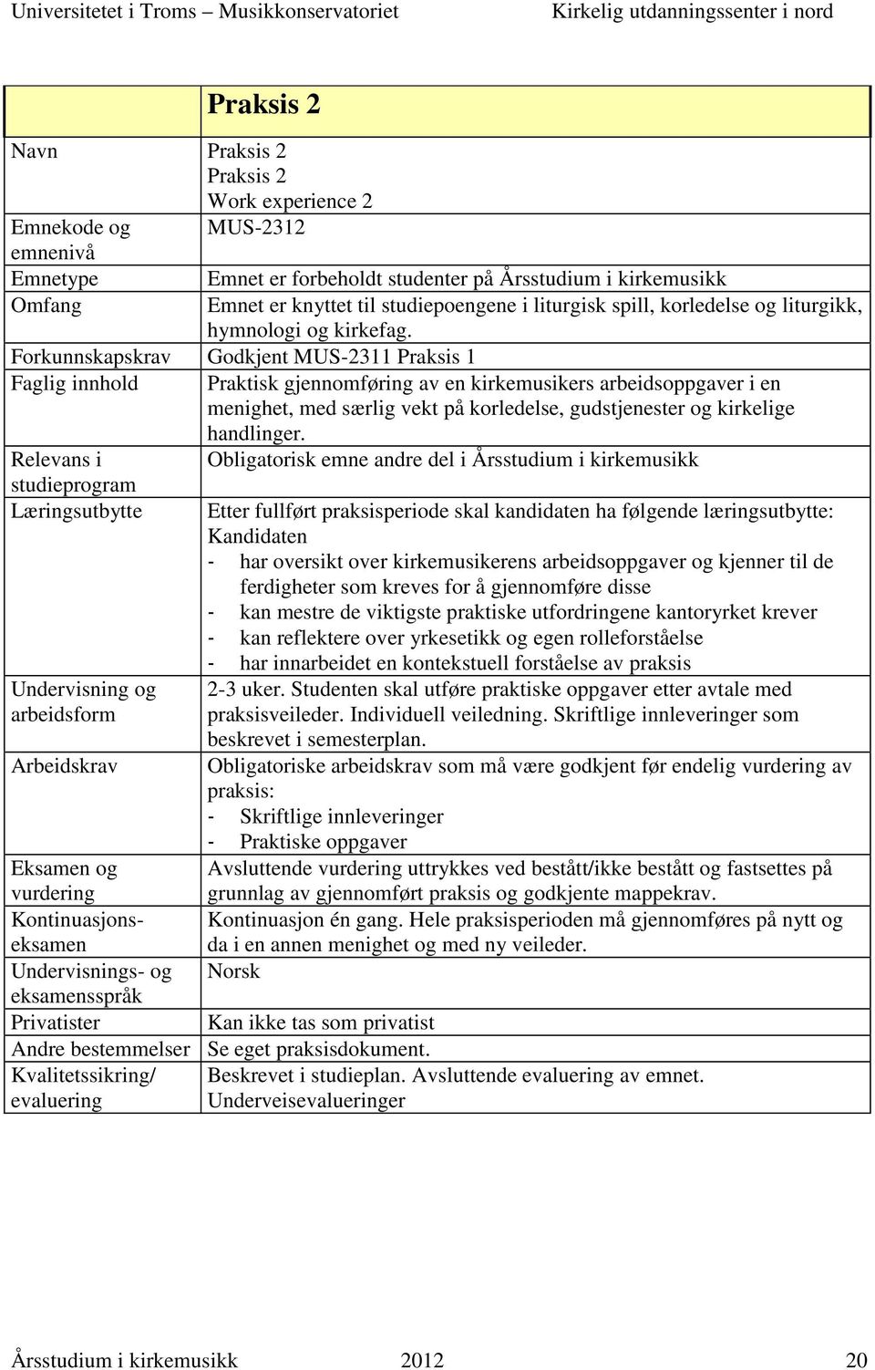 Forkunnskapskrav Godkjent MUS-2311 Praksis 1 Faglig innhold Relevans i Praktisk gjennomføring av en kirkemusikers arbeidsoppgaver i en menighet, med særlig vekt på korledelse, gudstjenester og