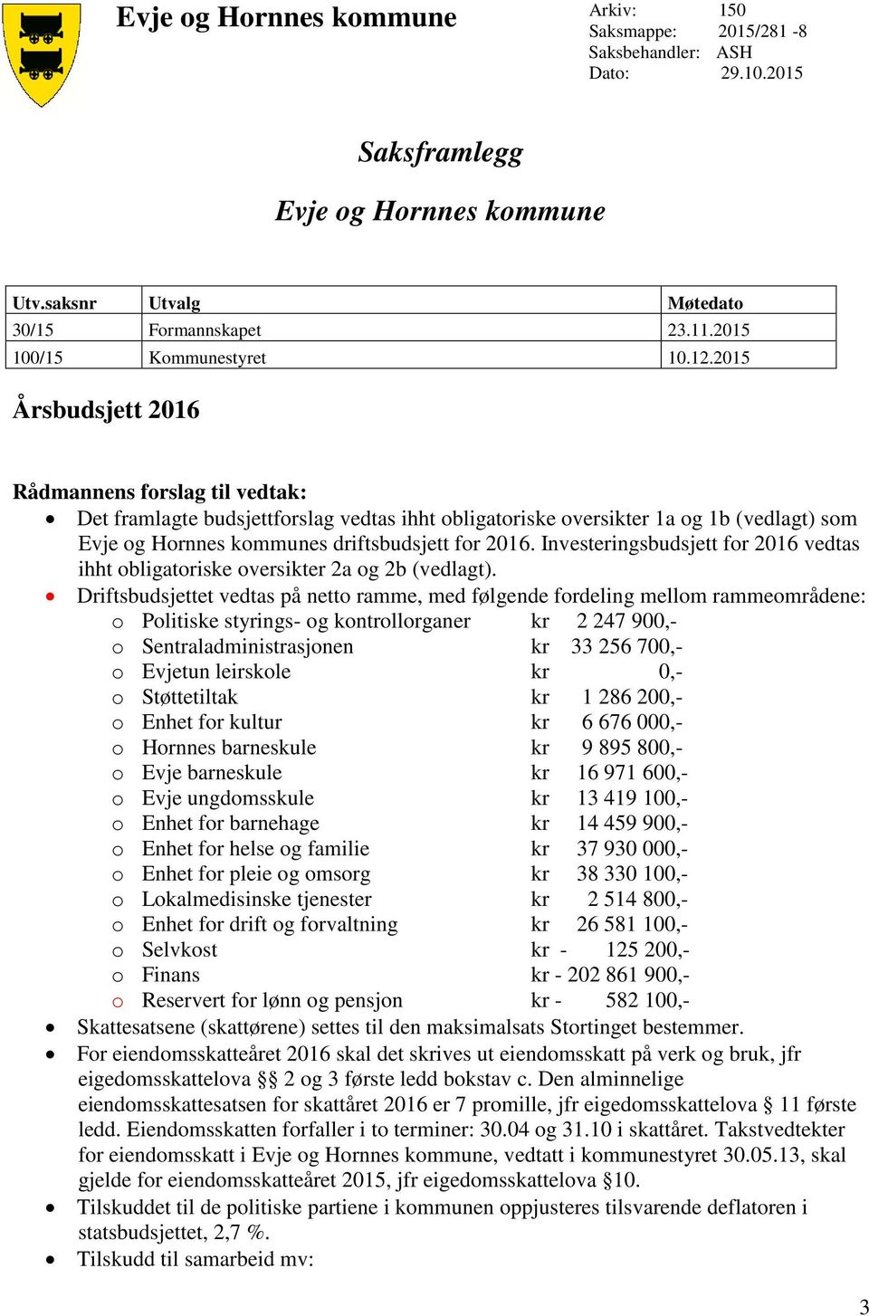 2015 Årsbudsjett 2016 Rådmannens forslag til vedtak: Det framlagte budsjettforslag vedtas ihht obligatoriske oversikter 1a og 1b (vedlagt) som Evje og Hornnes kommunes driftsbudsjett for 2016.