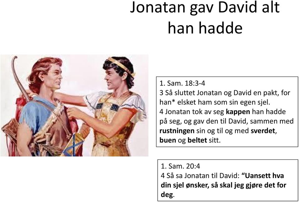 4 Jonatan tok av seg kappen han hadde på seg, og gav den til David, sammen med rustningen