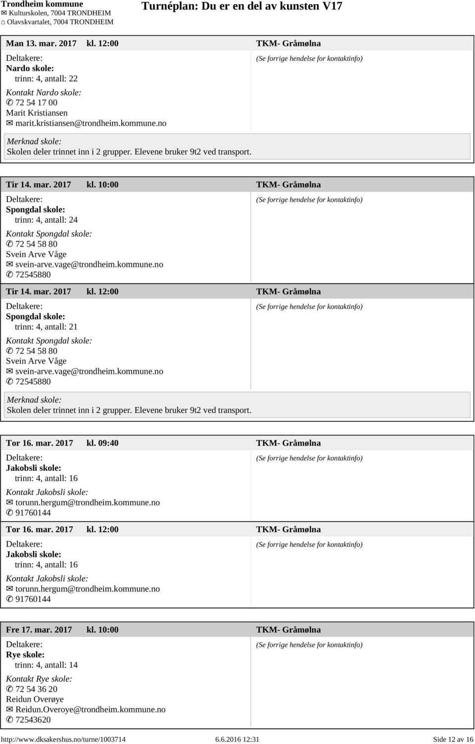 mar. 2017 kl. 12:00 TKM- Gråmølna Spongdal skole: Kontakt Spongdal skole: 72 54 58 80 Svein Arve Våge svein-arve.vage@trondheim.kommune.no 72545880 Skolen deler trinnet inn i 2 grupper.