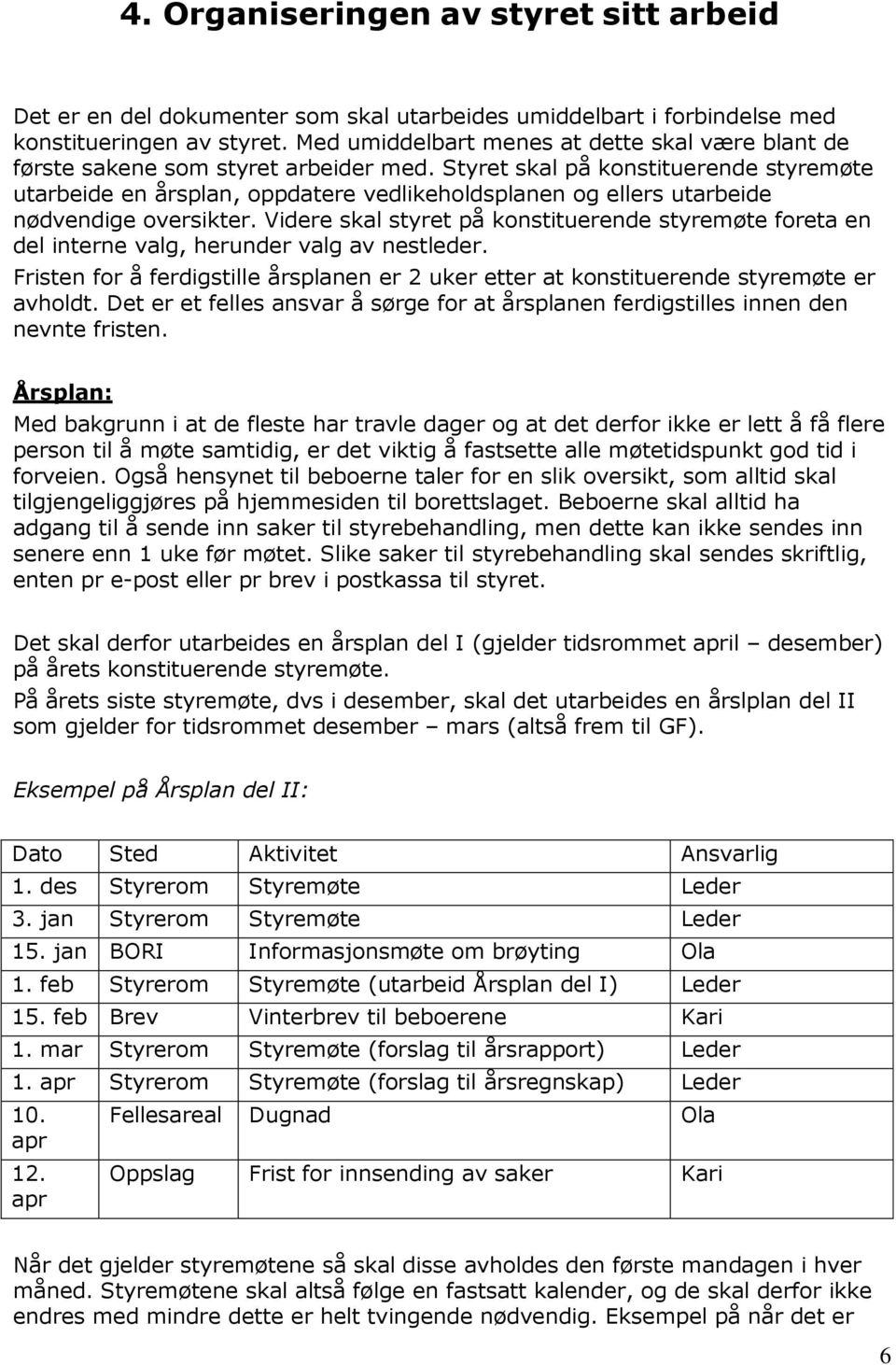 Styret skal på konstituerende styremøte utarbeide en årsplan, oppdatere vedlikeholdsplanen og ellers utarbeide nødvendige oversikter.