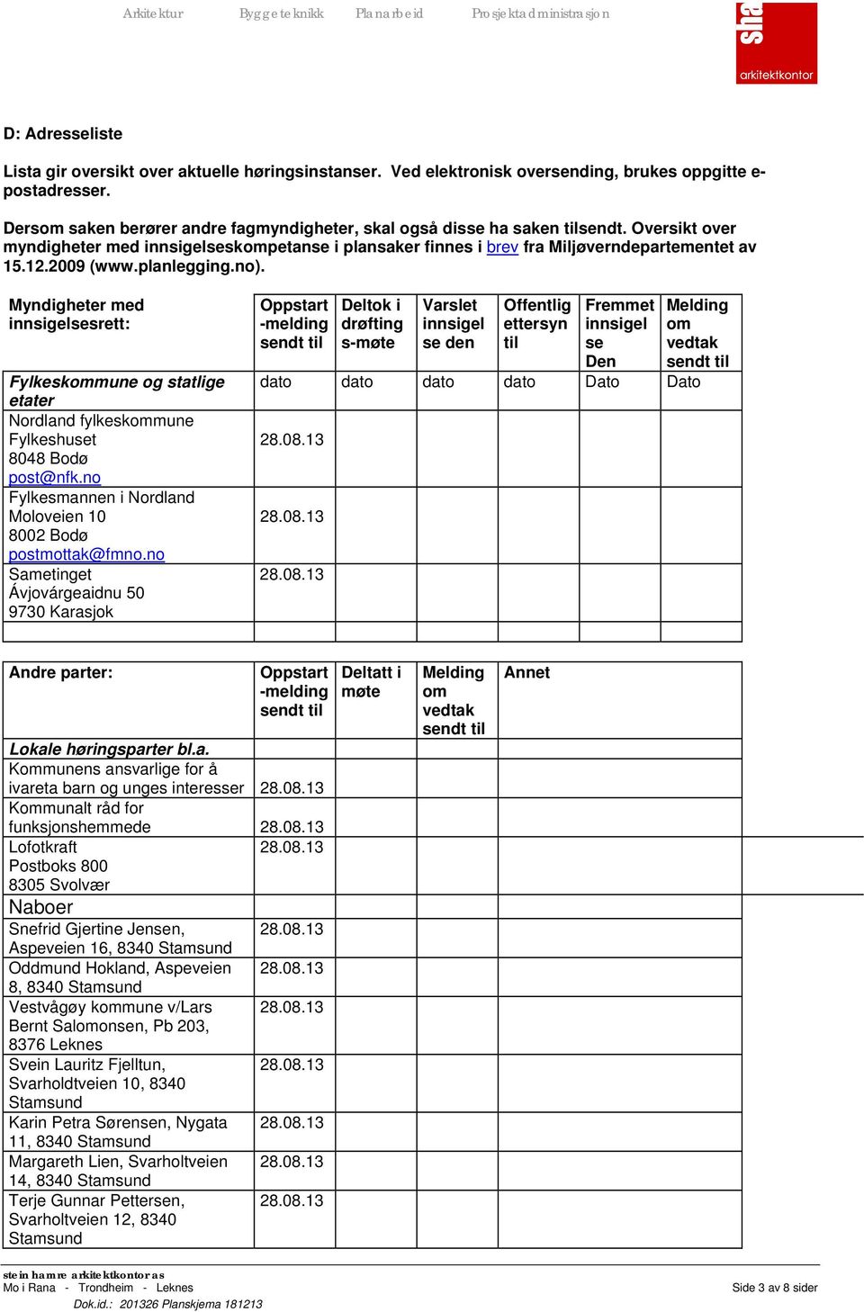 2009 (www.planlegging.no). Myndigheter med innsigelsesrett: Fylkeskommune og statlige etater Nordland fylkeskommune Fylkeshuset 8048 Bodø post@nfk.