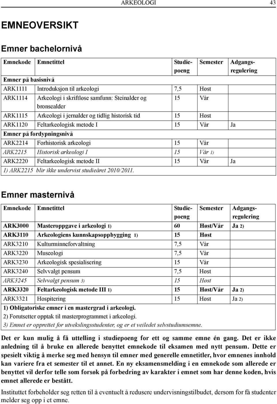 Historisk arkeologi I 15 Vår 1) ARK2220 Feltarkeologisk metode II 15 Vår Ja 1) ARK2215 blir ikke undervist studieåret 2010/2011.