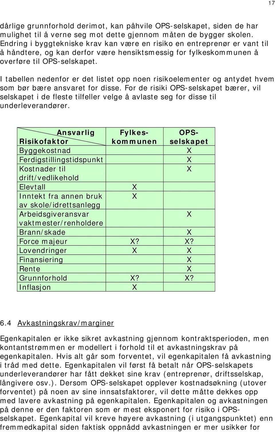 I tabellen nedenfor er det listet opp noen risikoelementer og antydet hvem som bør bære ansvaret for disse.