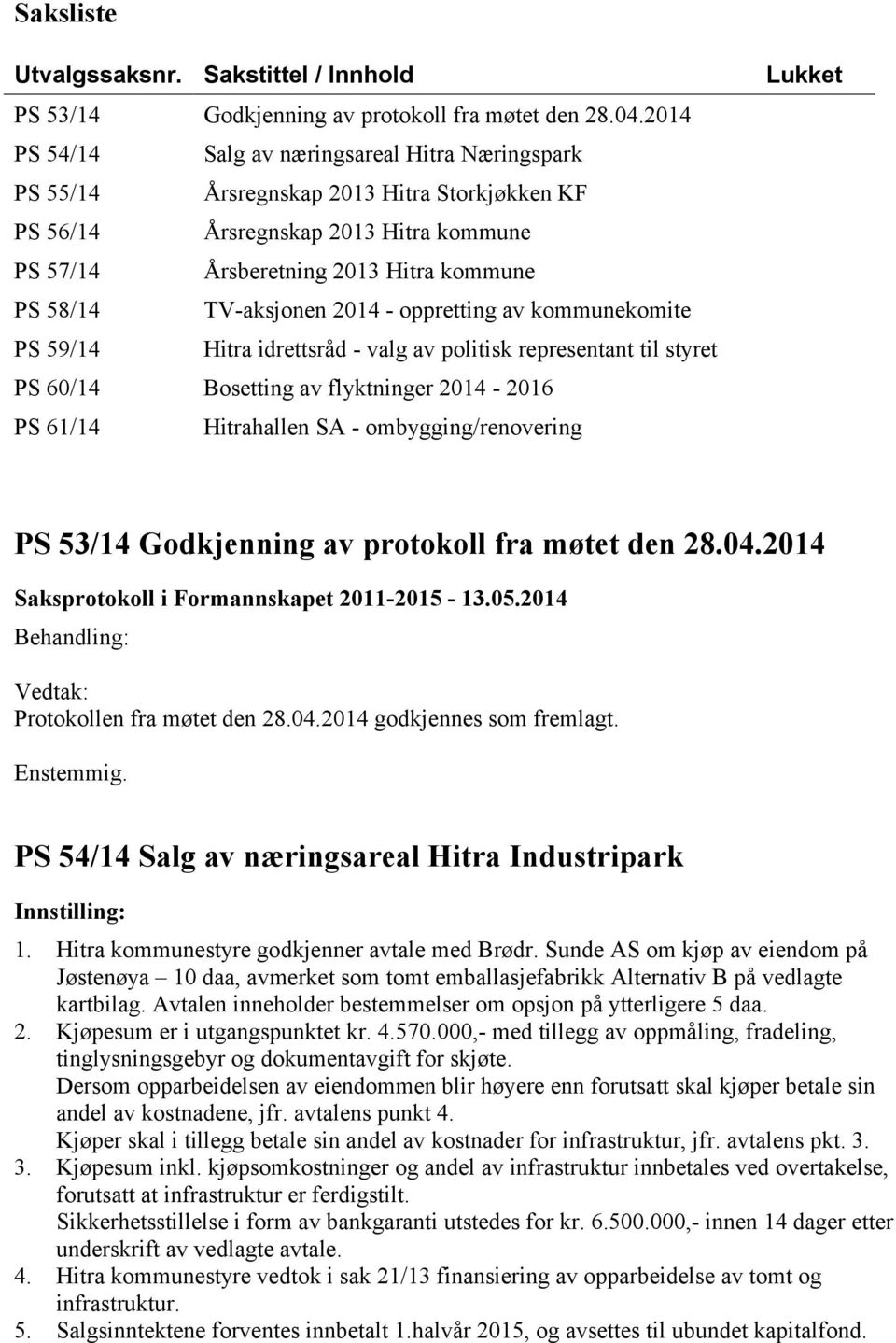 TV-aksjonen 2014 - oppretting av kommunekomite PS 59/14 Hitra idrettsråd - valg av politisk representant til styret PS 60/14 Bosetting av flyktninger 2014-2016 PS 61/14 Hitrahallen SA -