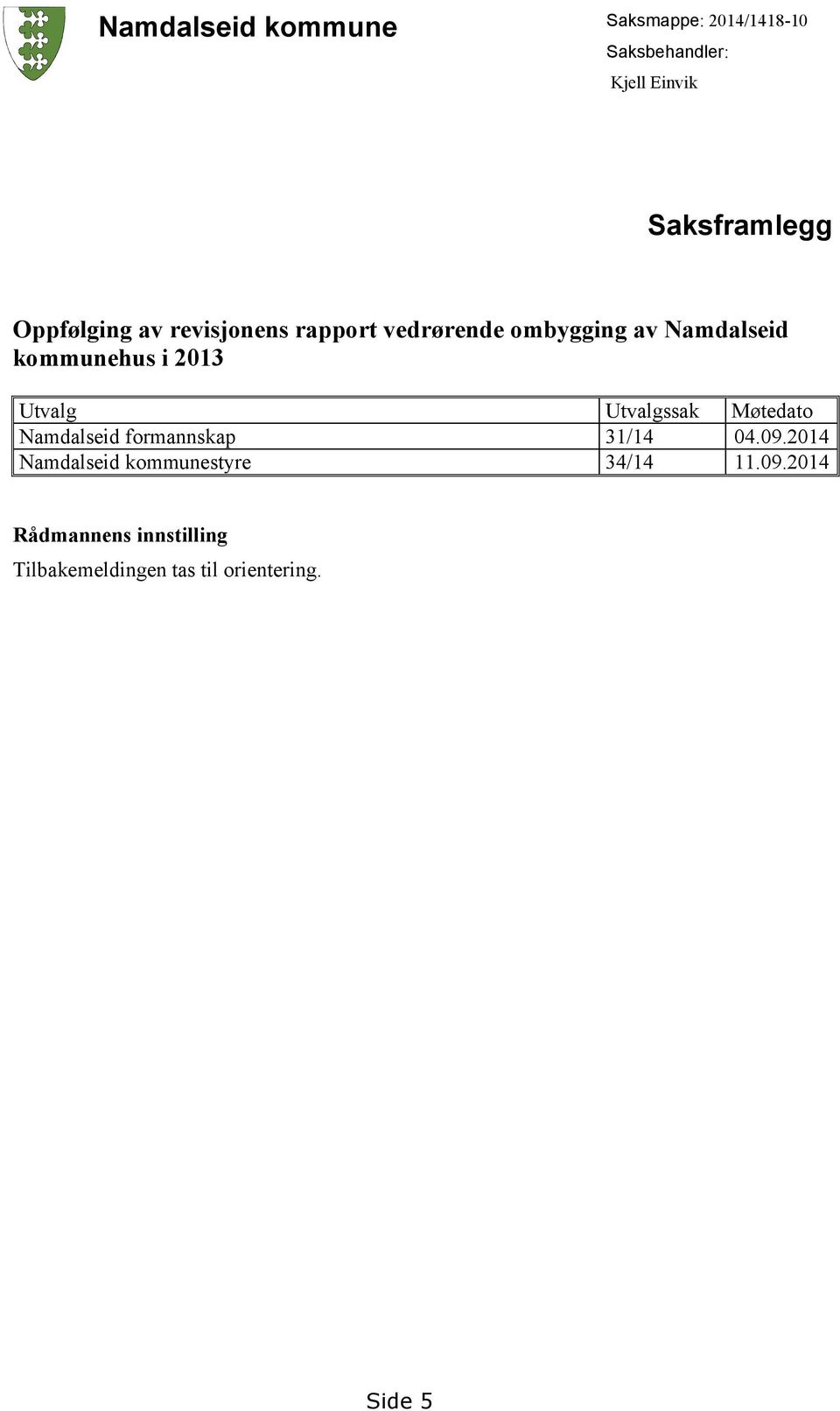 Utvalg Utvalgssak Møtedato Namdalseid formannskap 31/14 04.09.