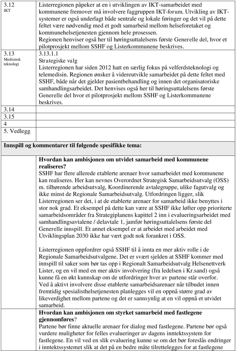 prosessen. Regionen henviser også her til høringsuttalelsens første Generelle del, hvor et pilotprosjekt mellom SSHF og Listerkommunene beskrives. 3.13