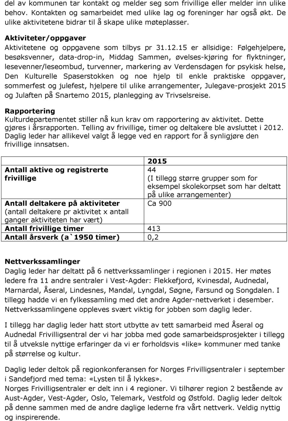 15 er allsidige: Følgehjelpere, besøksvenner, data-drop-in, Middag Sammen, øvelses-kjøring for flyktninger, lesevenner/leseombud, turvenner, markering av Verdensdagen for psykisk helse, Den