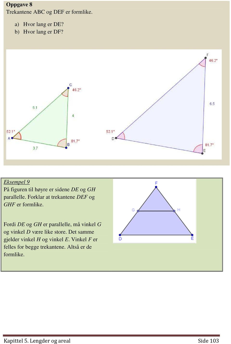 Forklar at trekantene DEF og GHF er formlike.
