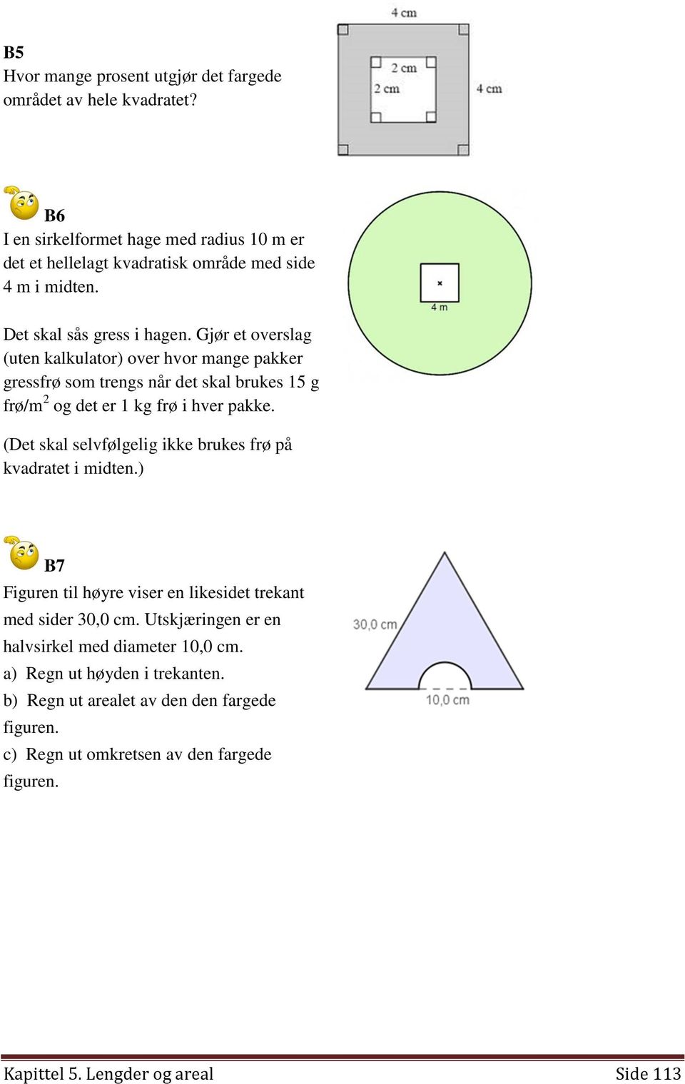 (Det skal selvfølgelig ikke brukes frø på kvadratet i midten.) B7 Figuren til høyre viser en likesidet trekant med sider 30,0 cm.