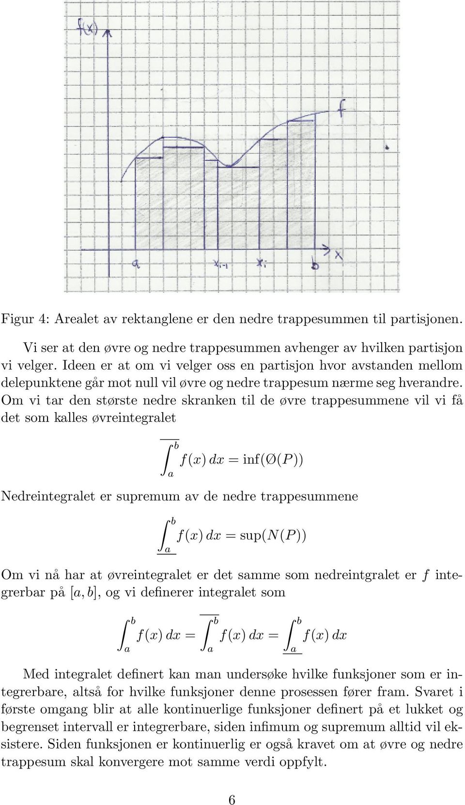 Om vi tr den største nedre skrnken til de øvre trppesummene vil vi få det som klles øvreintegrlet b f(x) dx = inf(ø(p )) Nedreintegrlet er supremum v de nedre trppesummene b f(x) dx = sup(n(p )) Om