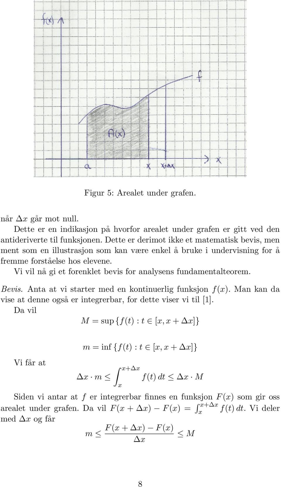 Vi vil nå gi et forenklet bevis for nlysens fundmentlteorem. Bevis. Ant t vi strter med en kontinuerlig funksjon f(x). Mn kn d vise t denne også er integrerbr, for dette viser vi til [1].