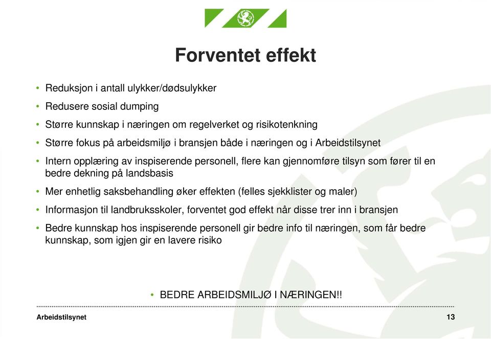 landsbasis Mer enhetlig saksbehandling øker effekten (felles sjekklister og maler) Informasjon til landbruksskoler, forventet god effekt når disse trer inn i