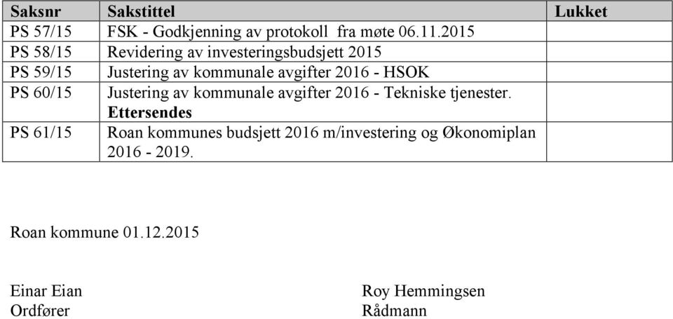 HSOK PS 60/15 Justering av kommunale avgifter 2016 - Tekniske tjenester.