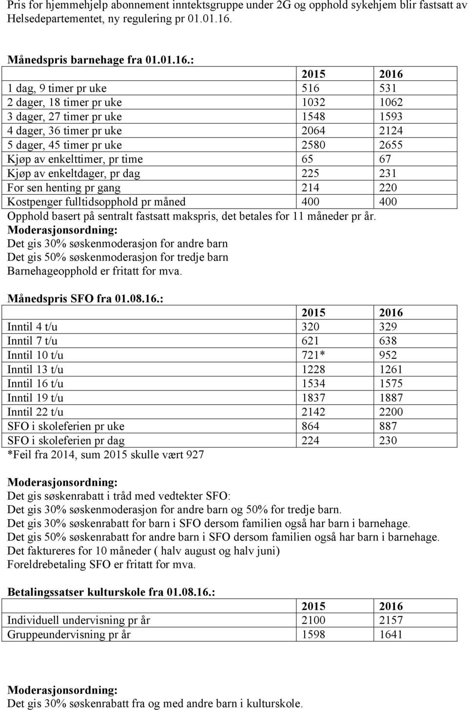 : 1 dag, 9 timer pr uke 516 531 2 dager, 18 timer pr uke 1032 1062 3 dager, 27 timer pr uke 1548 1593 4 dager, 36 timer pr uke 2064 2124 5 dager, 45 timer pr uke 2580 2655 Kjøp av enkelttimer, pr