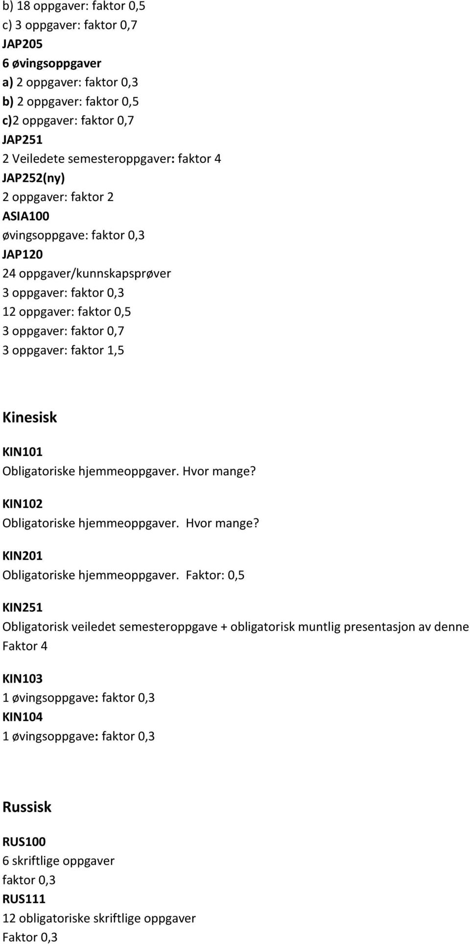 Kinesisk KIN101 Obligatoriske hjemmeoppgaver. Hvor mange? KIN102 Obligatoriske hjemmeoppgaver. Hvor mange? KIN201 Obligatoriske hjemmeoppgaver.