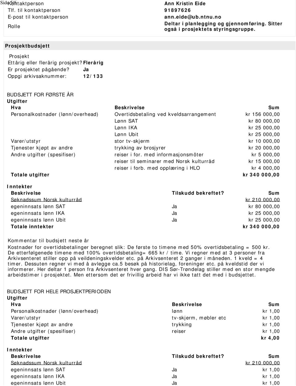 Oppgi arkivsaknummer: 12/133 BUDSJETT FOR FØRSTE ÅR Utgifter Hva Beskrivelse Sum Personalkostnader (lønn/overhead) Overtidsbetaling ved kveldsarrangement kr 156 000,00 Lønn SAT kr 80 000,00 Lønn IKA