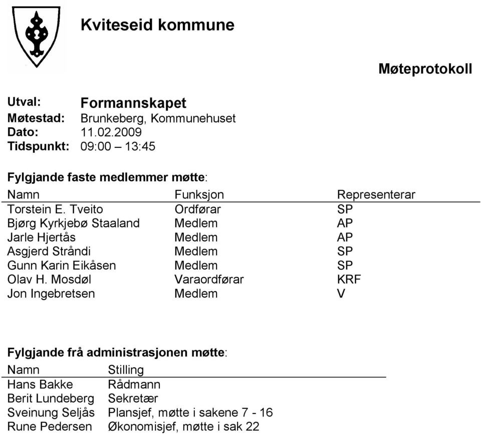 Tveito Ordførar SP Bjørg Kyrkjebø Staaland Medlem AP Jarle Hjertås Medlem AP Asgjerd Stråndi Medlem SP Gunn Karin Eikåsen Medlem SP Olav H.