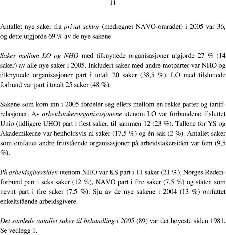 Inkludert saker med andre motparter var NHO og tilknyttede organisasjoner part i totalt 20 saker (38,5 %). LO med tilsluttede forbund var part i totalt 25 saker (48 %).