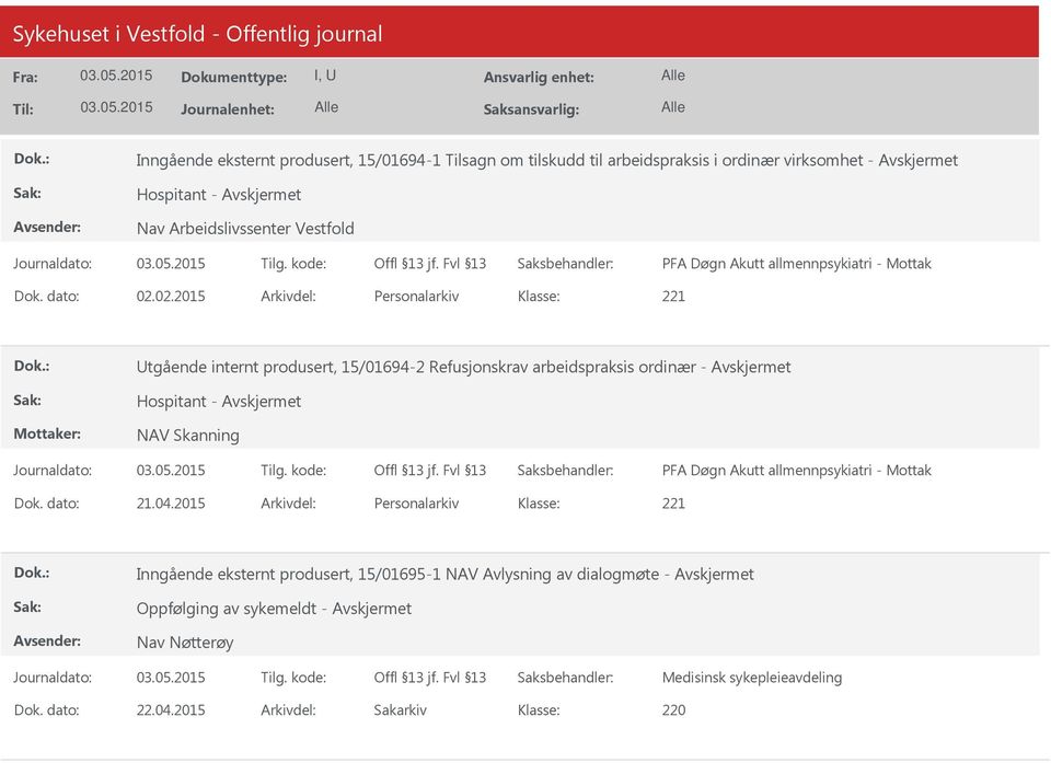 02.2015 Arkivdel: Personalarkiv Utgående internt produsert, 15/01694-2 Refusjonskrav arbeidspraksis ordinær - Avskjermet Hospitant - Avskjermet NAV