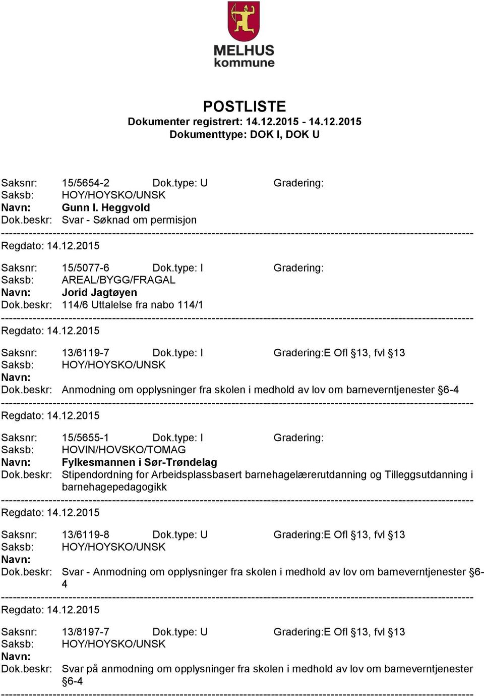 beskr: Anmodning om opplysninger fra skolen i medhold av lov om barneverntjenester 6-4 Saksnr: 15/5655-1 Dok.type: I Gradering: Saksb: HOVIN/HOVSKO/TOMAG Fylkesmannen i Sør-Trøndelag Dok.