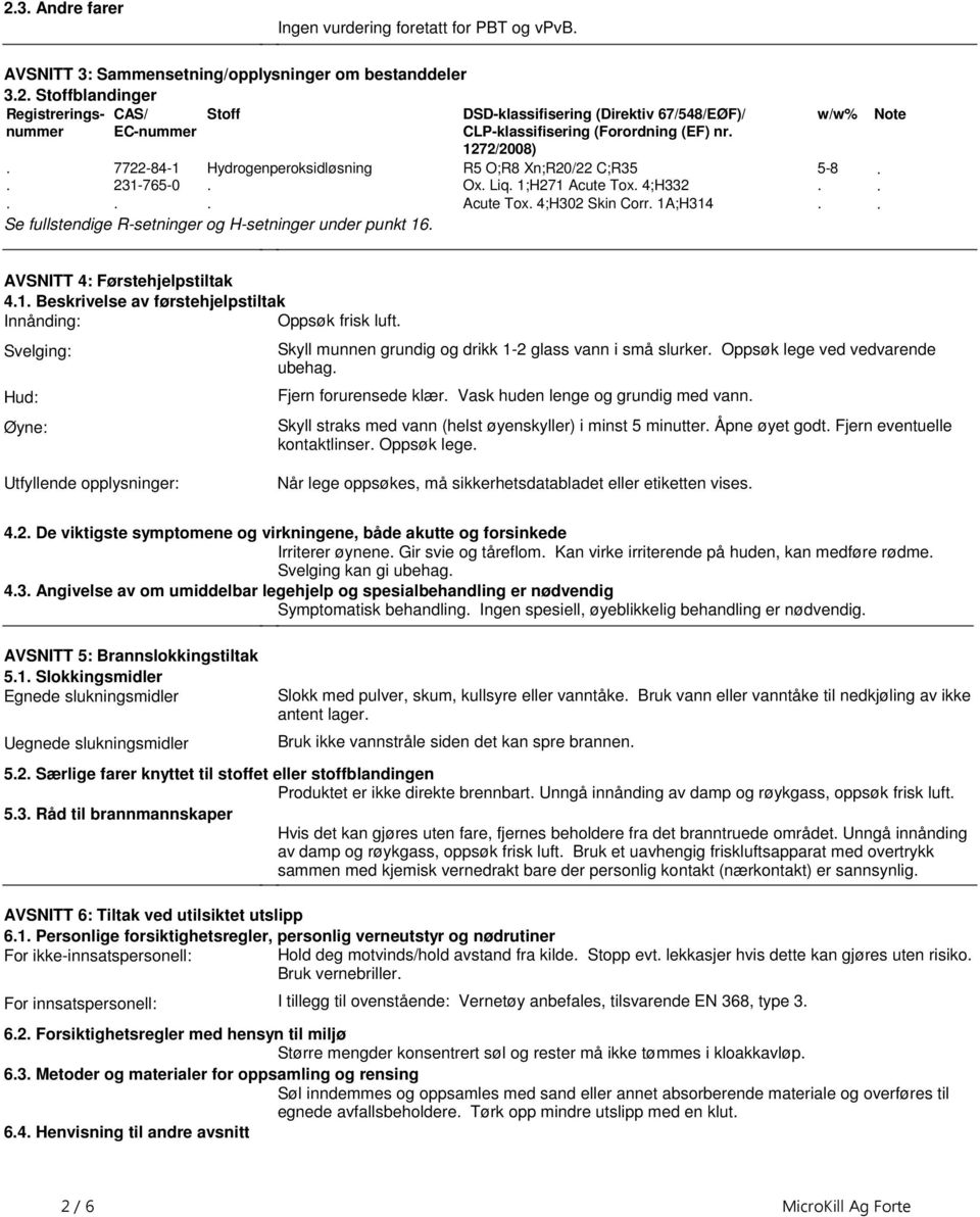 1;H271 Acute Tox 4;H332 Acute Tox 4;H302 Skin Corr 1A;H314 w/w% 5-8 Note AVSNITT 4: Førstehjelpstiltak 41 Beskrivelse av førstehjelpstiltak Innånding: Oppsøk frisk luft Svelging: Hud: Øyne: Skyll