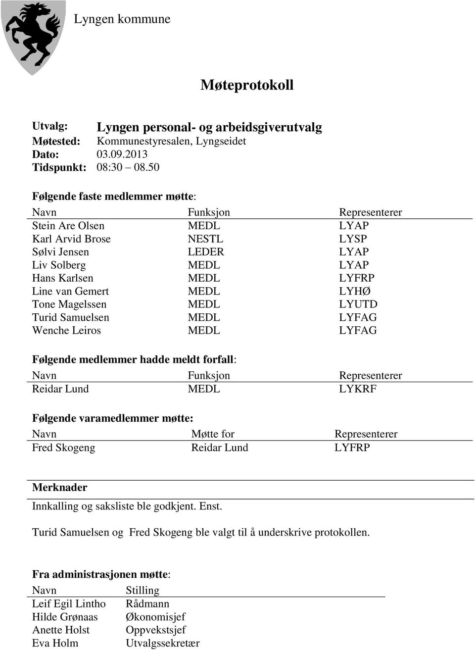 Gemert MEDL LYHØ Tone Magelssen MEDL LYUTD Turid Samuelsen MEDL LYFAG Wenche Leiros MEDL LYFAG Følgende medlemmer hadde meldt forfall: Navn Funksjon Representerer Reidar Lund MEDL LYKRF Følgende