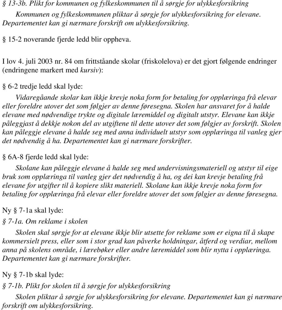 84 om frittståande skolar (friskolelova) er det gjort følgende endringer (endringene markert med kursiv): 6-2 tredje ledd skal lyde: Vidaregåande skolar kan ikkje krevje noka form for betaling for