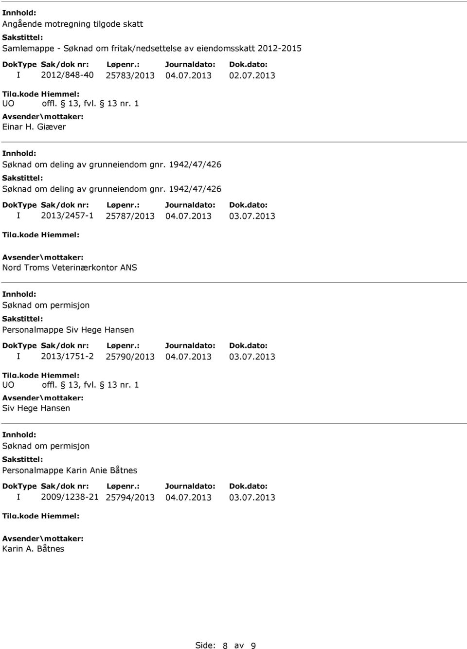 1942/47/426 2013/2457-1 25787/2013 Nord Troms Veterinærkontor ANS nnhold: Søknad om permisjon Personalmappe Siv Hege Hansen