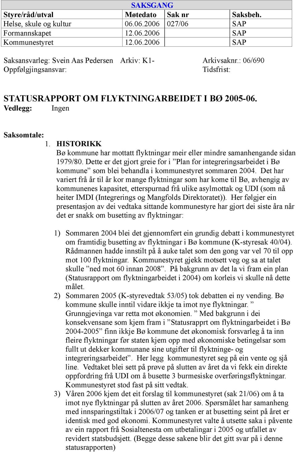 HISTORIKK Bø kommune har mottatt flyktningar meir eller mindre samanhengande sidan 1979/80.