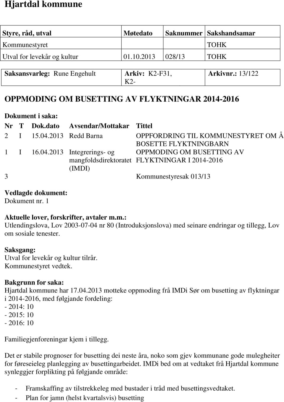 2013 Redd Barna OPPFORDRING TIL KOMMUNESTYRET OM Å BOSETTE FLYKTNINGBARN 1 I 16.04.