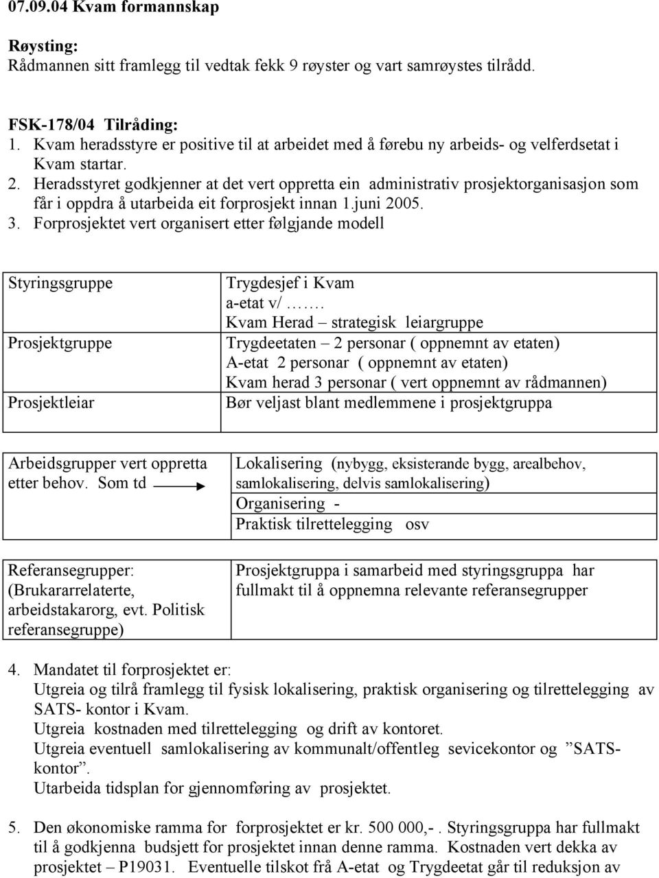 Heradsstyret godkjenner at det vert oppretta ein administrativ prosjektorganisasjon som får i oppdra å utarbeida eit forprosjekt innan 1.juni 2005. 3.