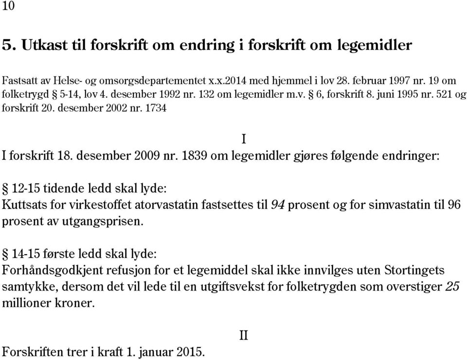 1839 om legemidler gjøres følgende endringer: 12-15 tidende ledd skal lyde: Kuttsats for virkestoffet atorvastatin fastsettes til 94 prosent og for simvastatin til 96 prosent av utgangsprisen.