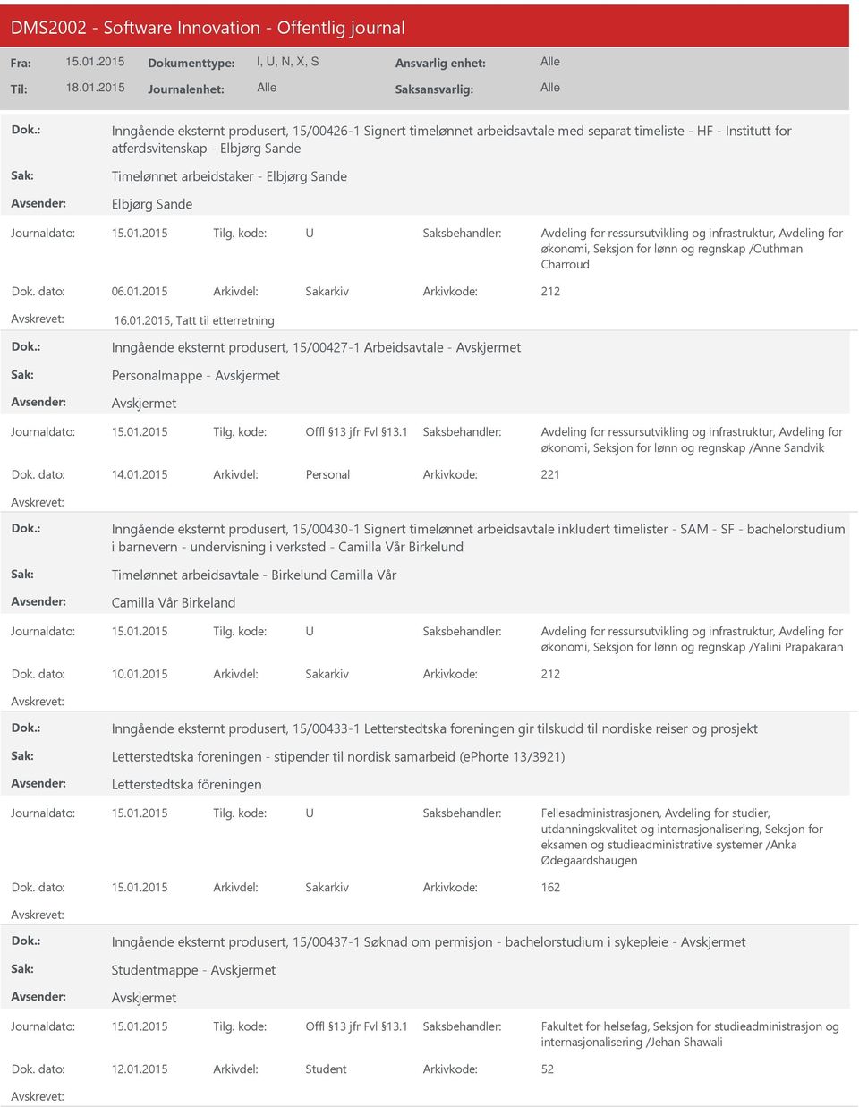 2015 Arkivdel: Sakarkiv Arkivkode: 212 16.01.2015, Tatt til etterretning Inngående eksternt produsert, 15/00427-1 Arbeidsavtale - økonomi, Seksjon for lønn og regnskap /Anne Sandvik Inngående