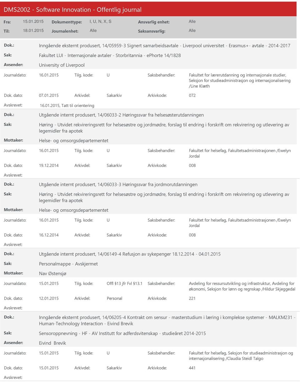 2015 Arkivdel: Sakarkiv Arkivkode: 072 16.01.2015, Tatt til orientering tgående internt produsert, 14/06033-2 Høringssvar fra helsesøsterutdanningen Høring - tvidet rekvireringsrett for helsesøstre