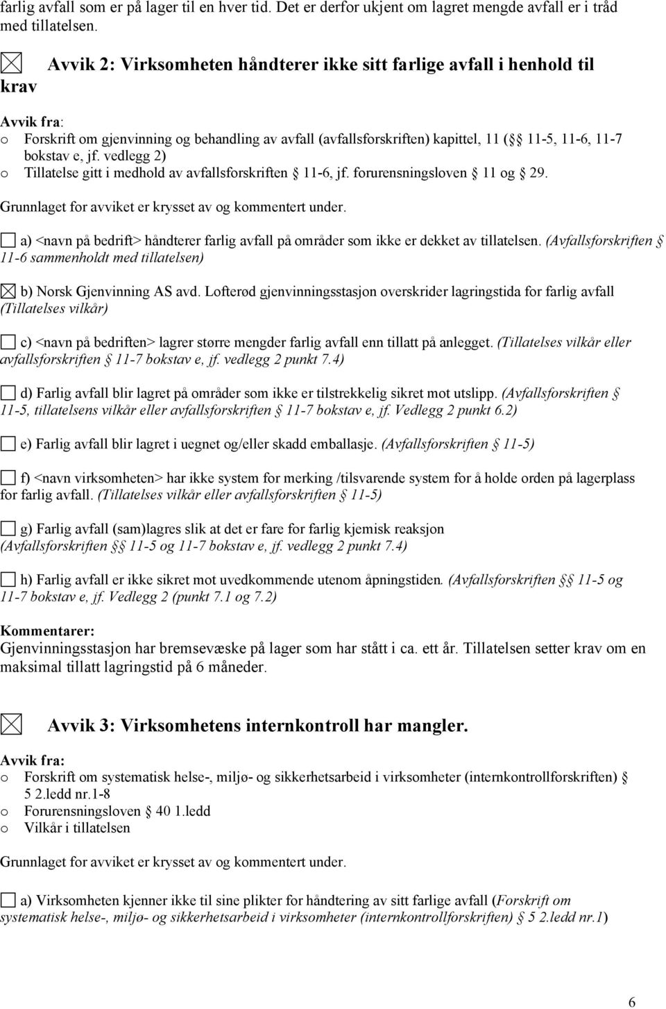 e, jf. vedlegg 2) o Tillatelse gitt i medhold av avfallsforskriften 11-6, jf. forurensningsloven 11 og 29. Grunnlaget for avviket er krysset av og kommentert under.