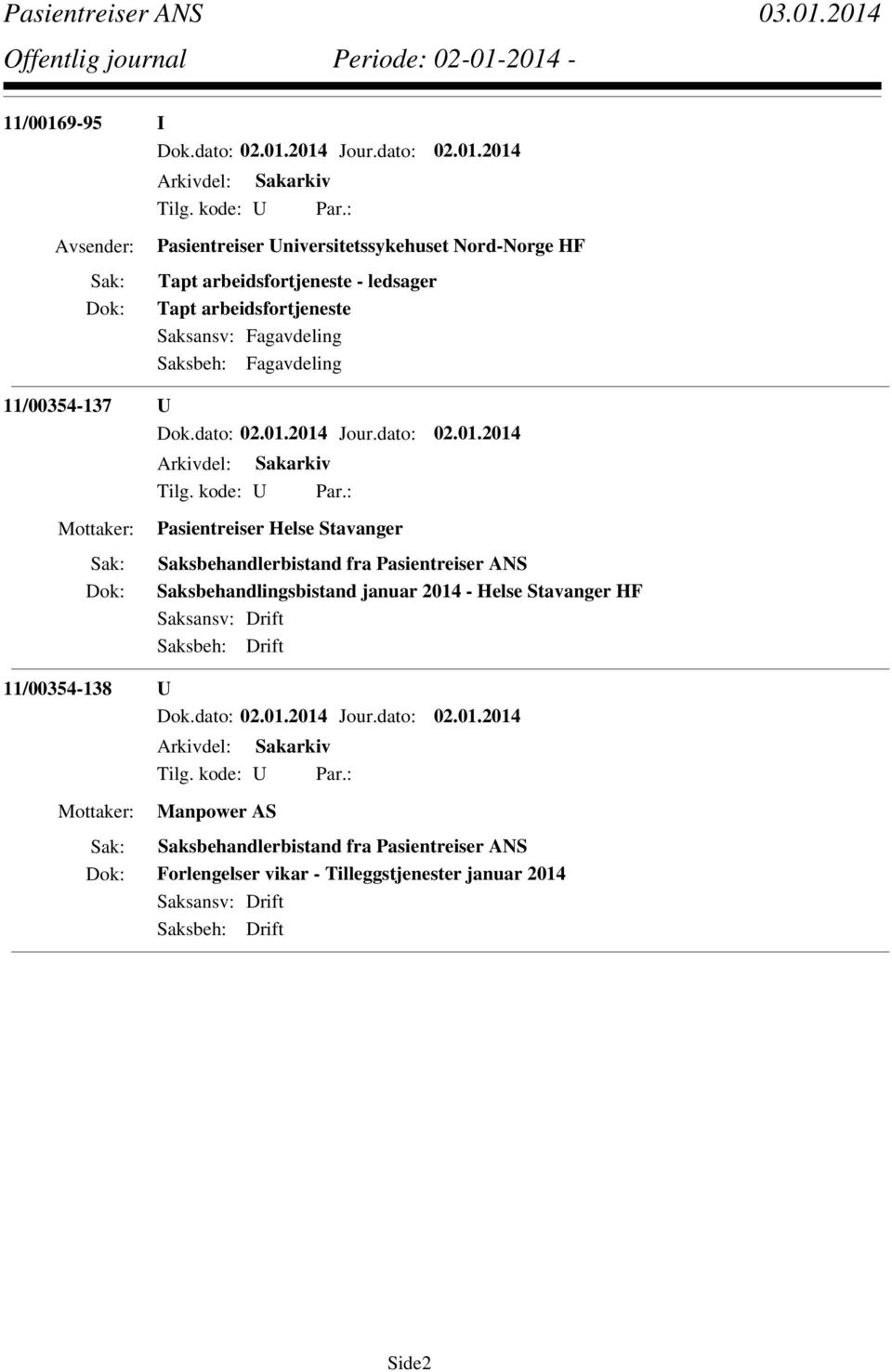 Pasientreiser ANS Saksbehandlingsbistand januar 2014 - Helse Stavanger HF Saksansv: Drift Saksbeh: Drift 11/00354-138