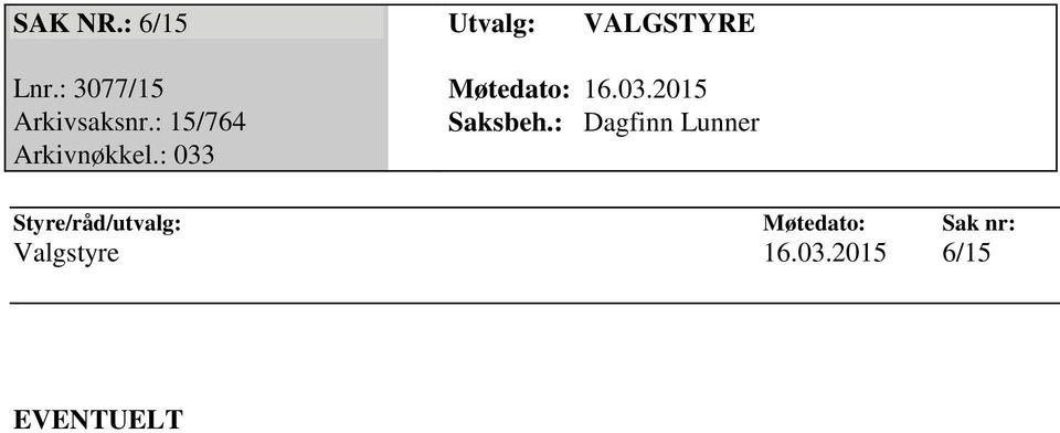 2015 Arkivsaksnr.: 15/764 Saksbeh.