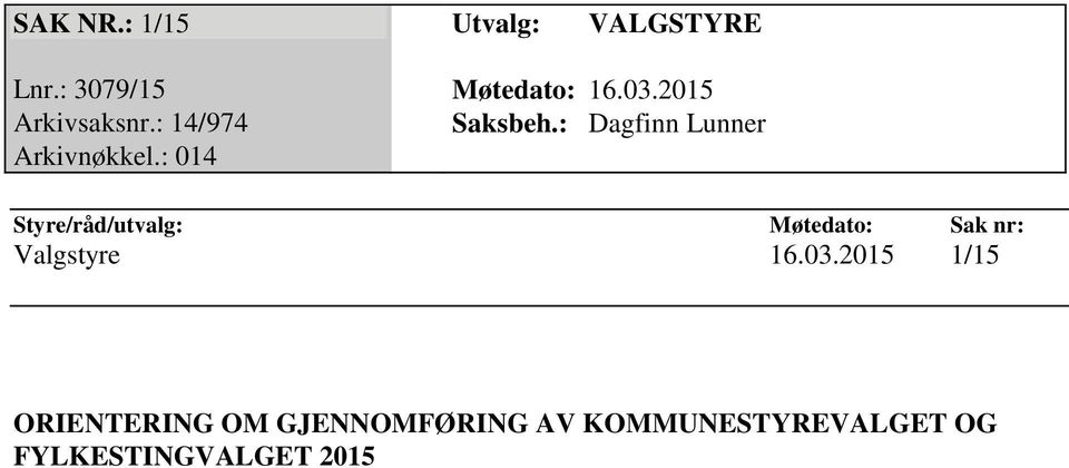 : 14/974 Saksbeh.: Dagfinn Lunner Arkivnøkkel.