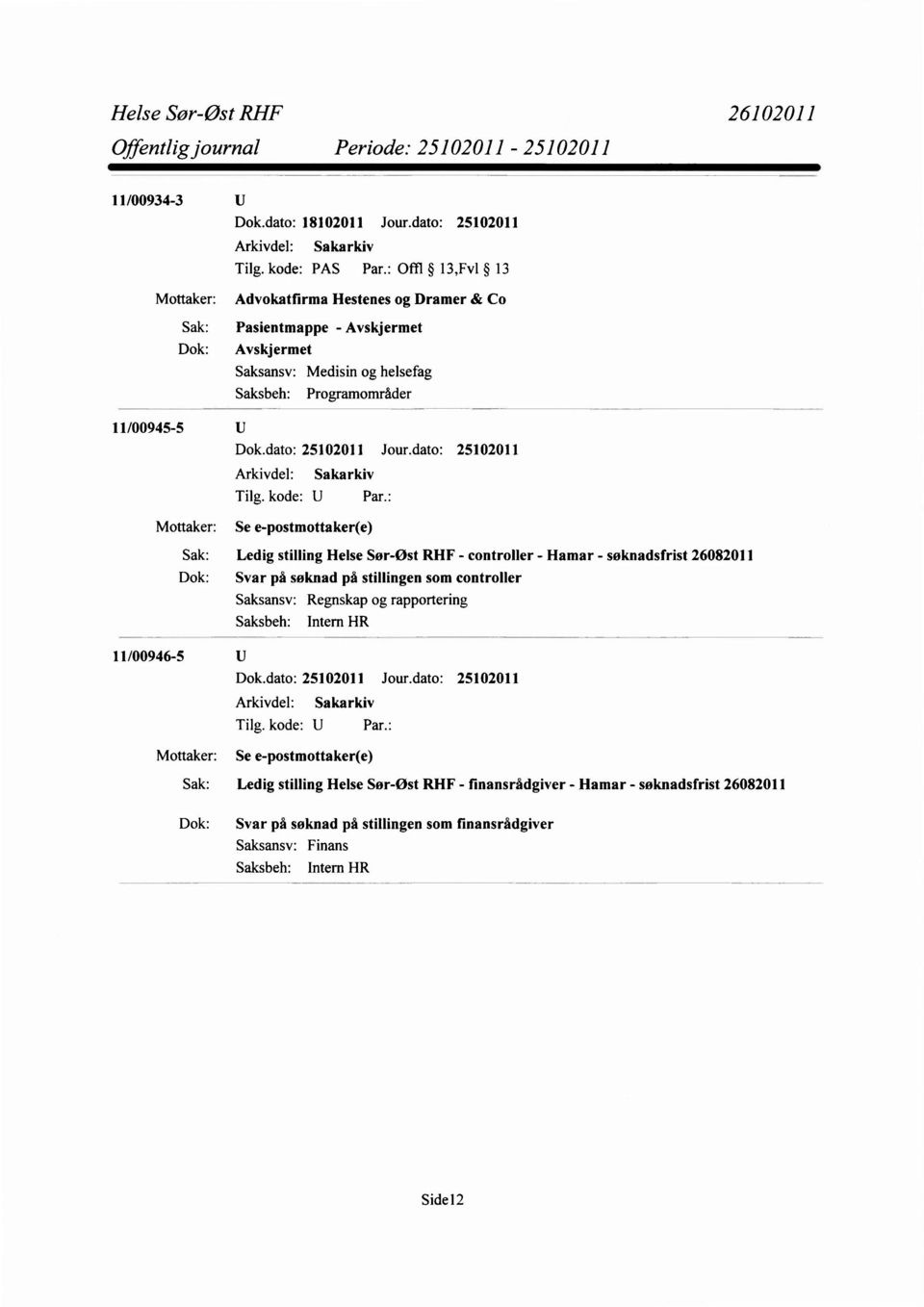 11/00945-5 U Mottaker: Se e-postmottaker(e) Sak: Ledig stilling Helse Sør-Øst RHF - controller - Hamar - søknadsfrist 26082011 Dok: Svar på søknad på stillingen som