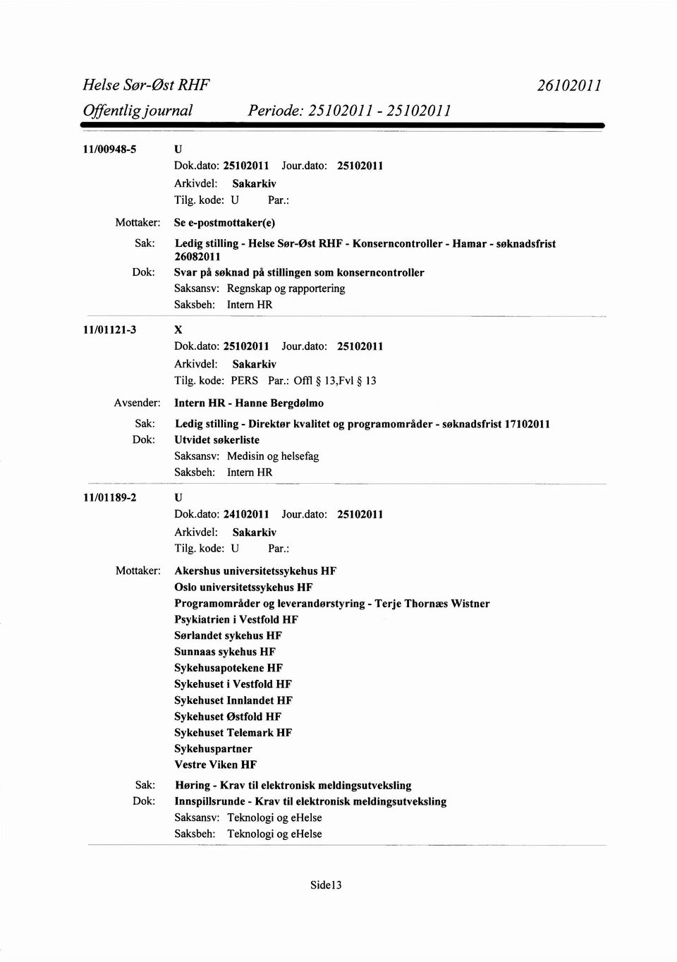 : Offl 13,Fv1 13 Avsender: Intern HR - Hanne Bergdølmo Sak: Ledig stilling - Direktør kvalitet og programområder - søknadsfrist 17102011 Dok: Utvidet søkerliste Saksansv: Medisin og helsefag Saksbeh: