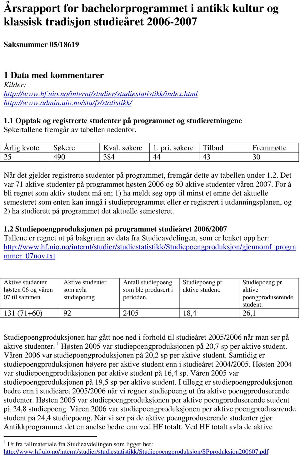 1 Opptak og registrerte studenter på programmet og studieretningene Søkertallene fremgår av tabellen nedenfor. Årlig kvote Søkere Kval. søkere 1. pri.